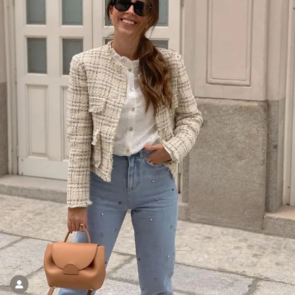 MANGO cream tweed collarless flap pockets jacket blogger zara competitor brand - Picture 3 of 9